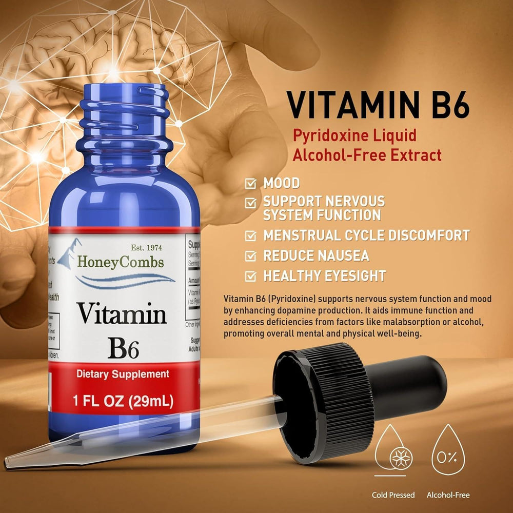 HoneyCombs Vitamin B6 Drops vegan-friendly symbol emphasizes plant-based formula.