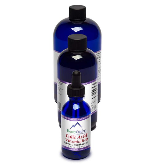 HoneyCombs Vitamin B9 liquid drops bottle with dropper for fast absorption and daily wellness.