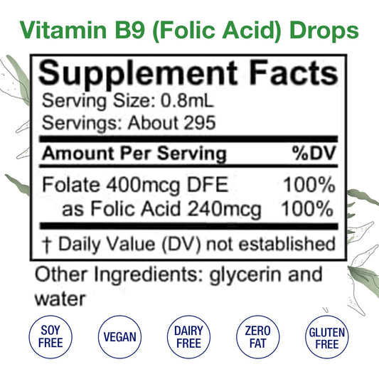 HoneyCombs Vitamin B9 liquid drops pouring into a glass for easy daily dosing.