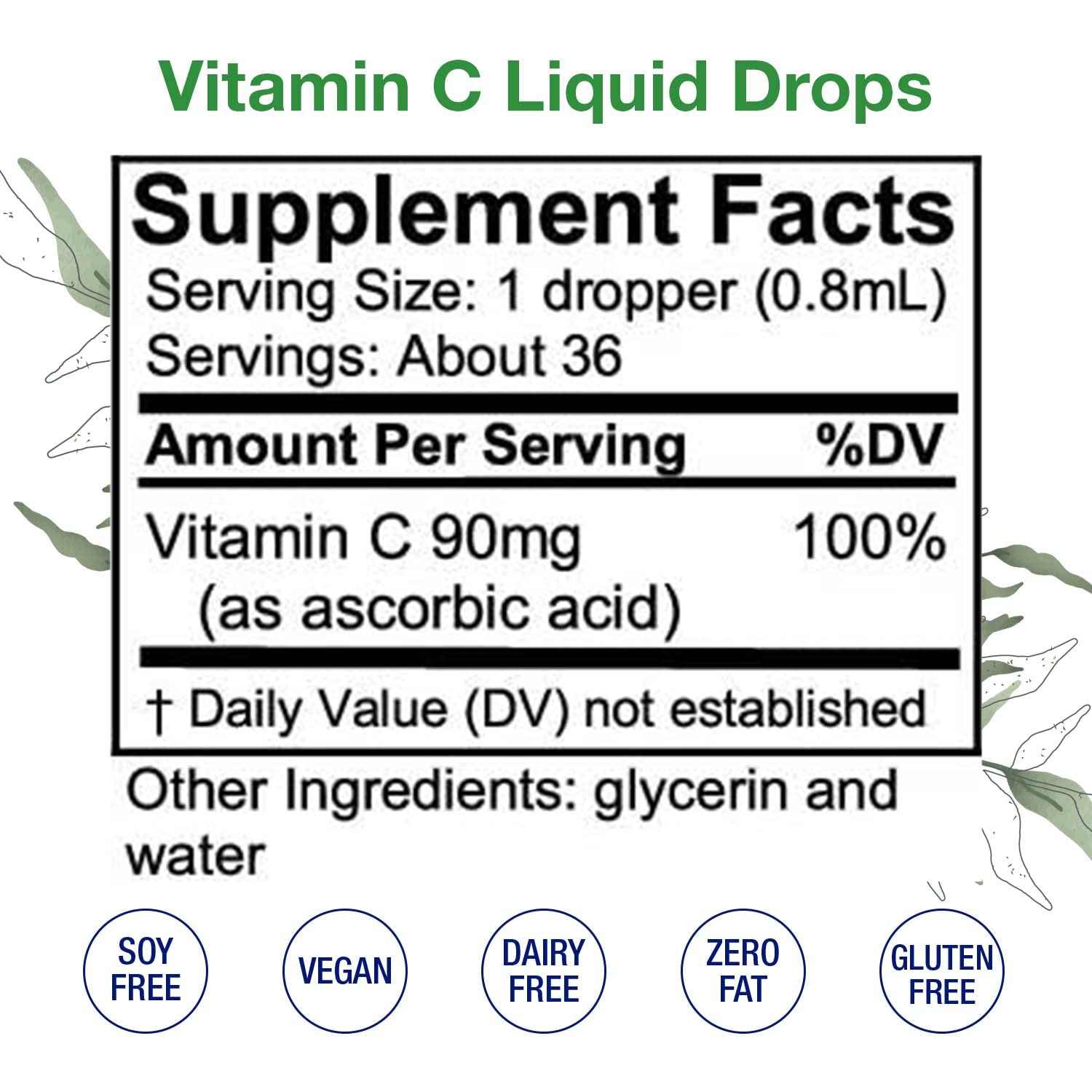 Close-up of HoneyCombs Vitamin C Liquid label, vegan and non-GMO formula.