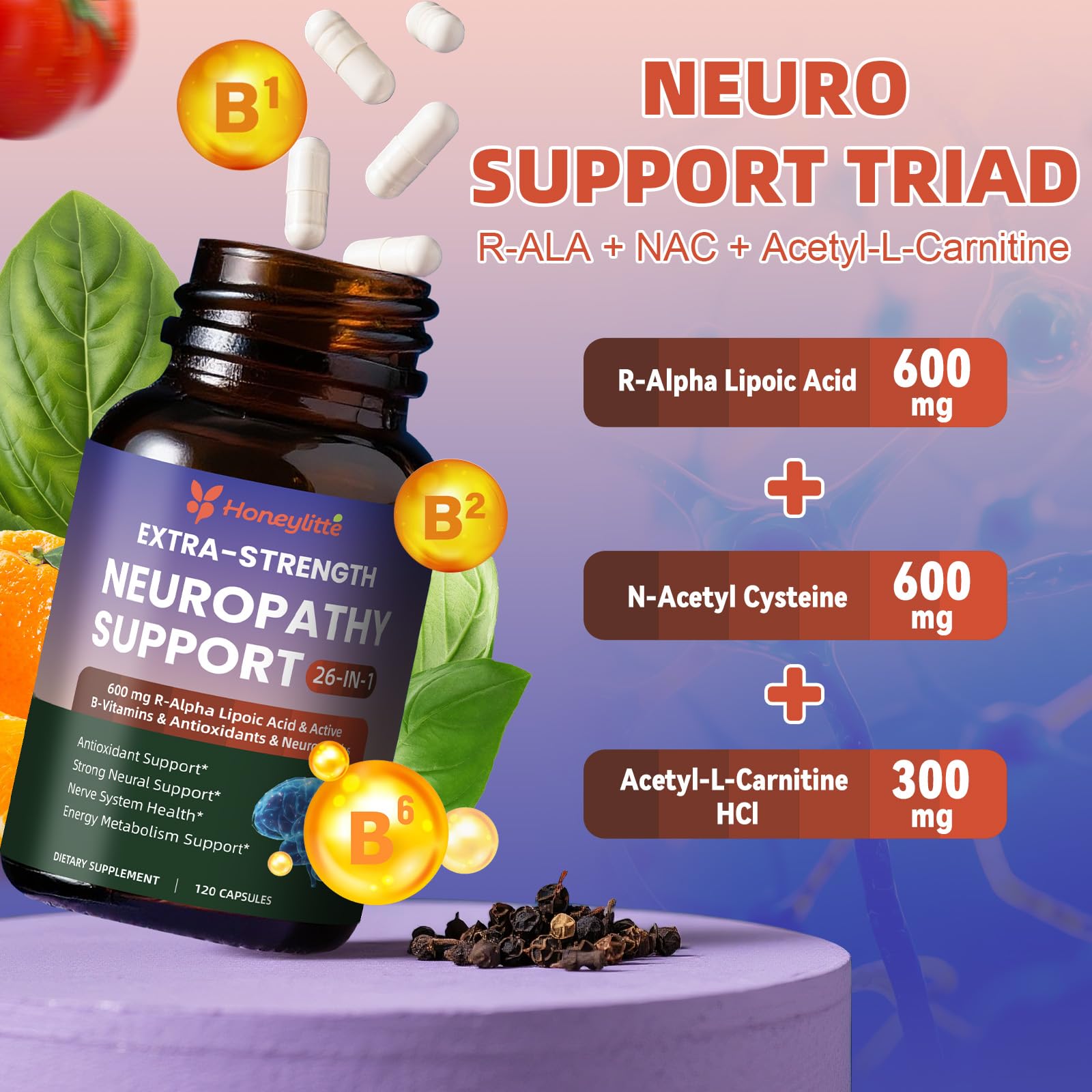 Honeylitte antioxidant blend label emphasizing R-ALA NAC and mitochondria-friendly ingredients
