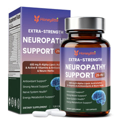 Honeylitte alpha lipoic acid bottle close-up showing compact capsules for nerve support