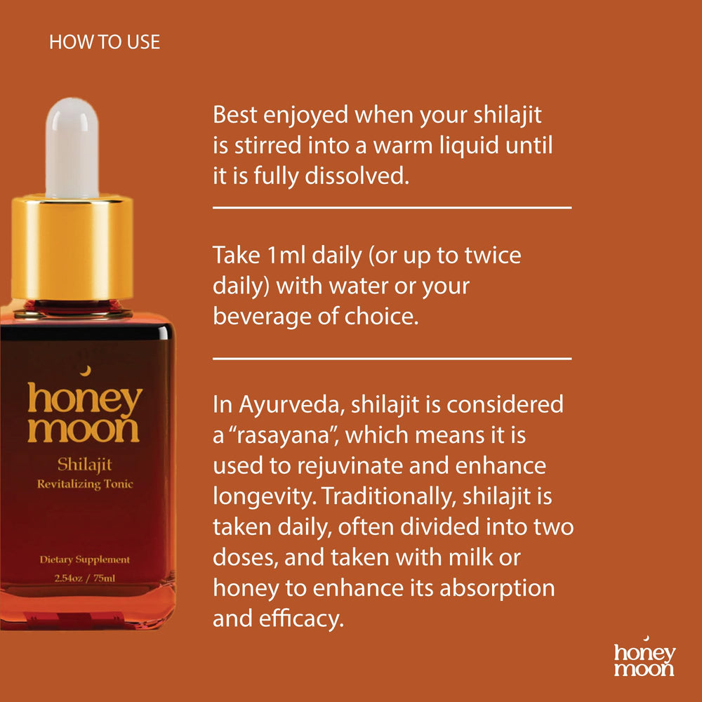 HONEY MOON Shilajit Drops glass with liquid conveys ready-to-use vitality boost.