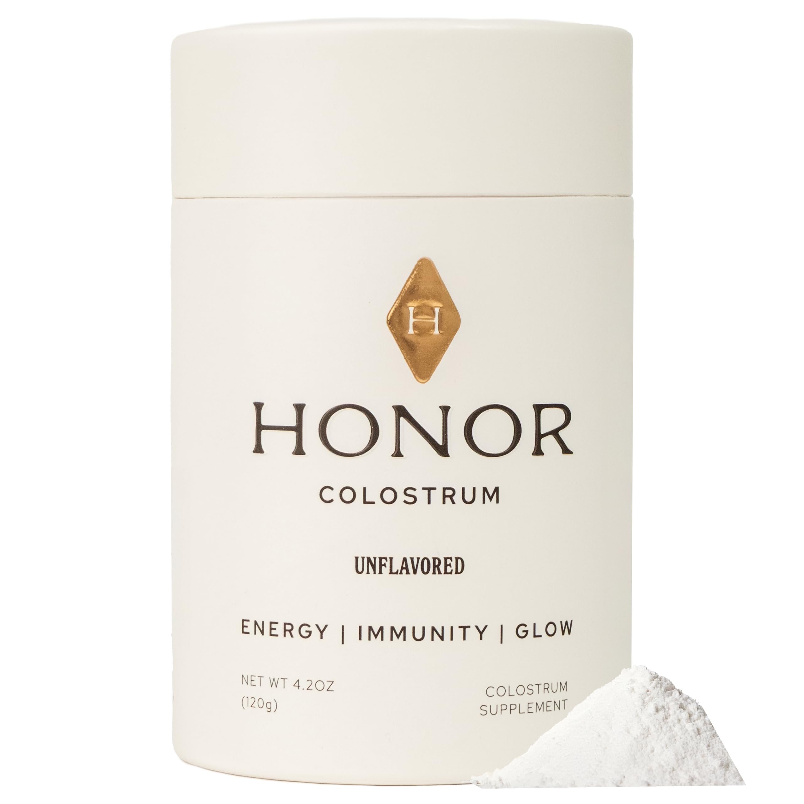 HONOR Supplements Colostrum Powder bottle on countertop, clean formula for everyday nourishment.