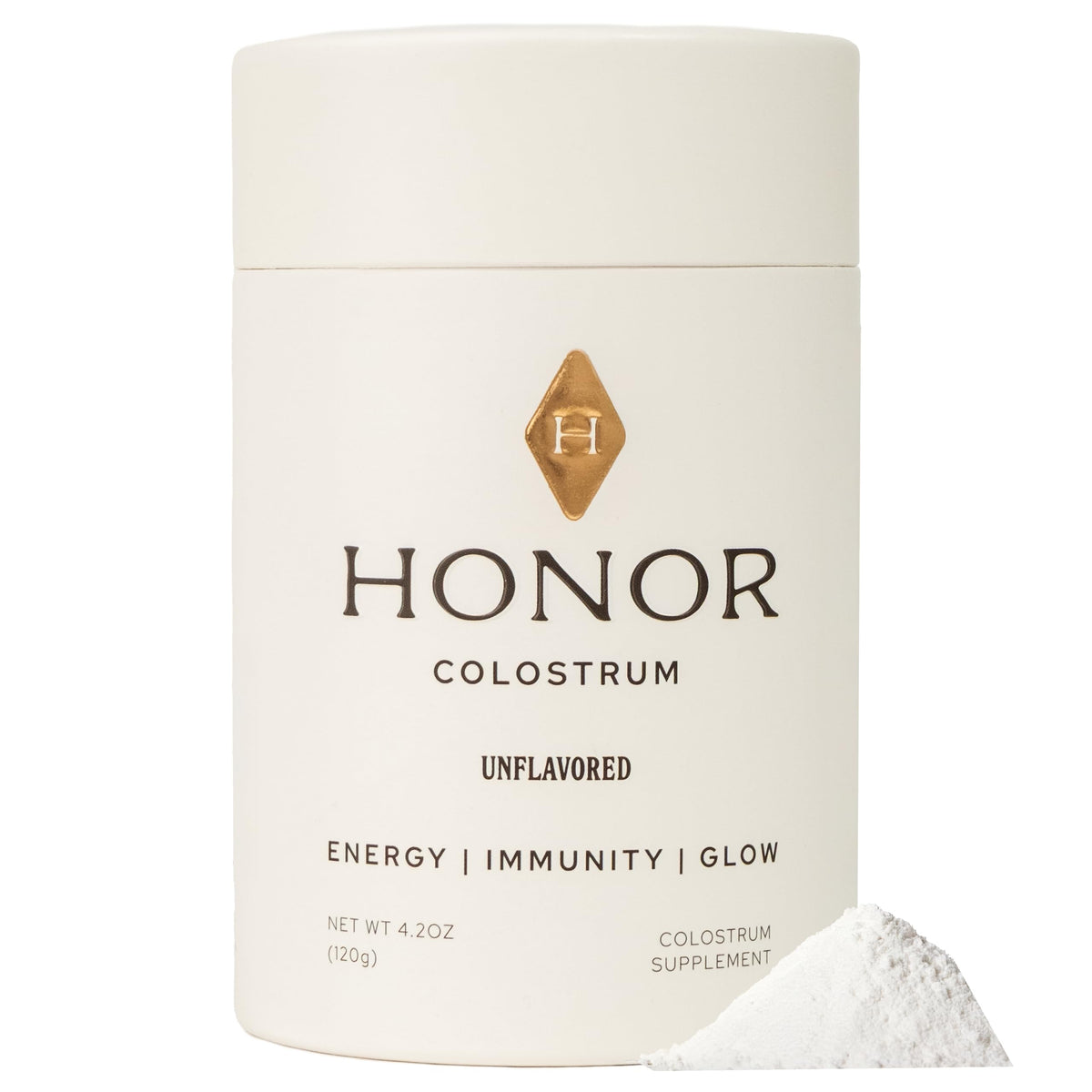 HONOR Supplements Colostrum Powder bottle on countertop, clean formula for everyday nourishment.