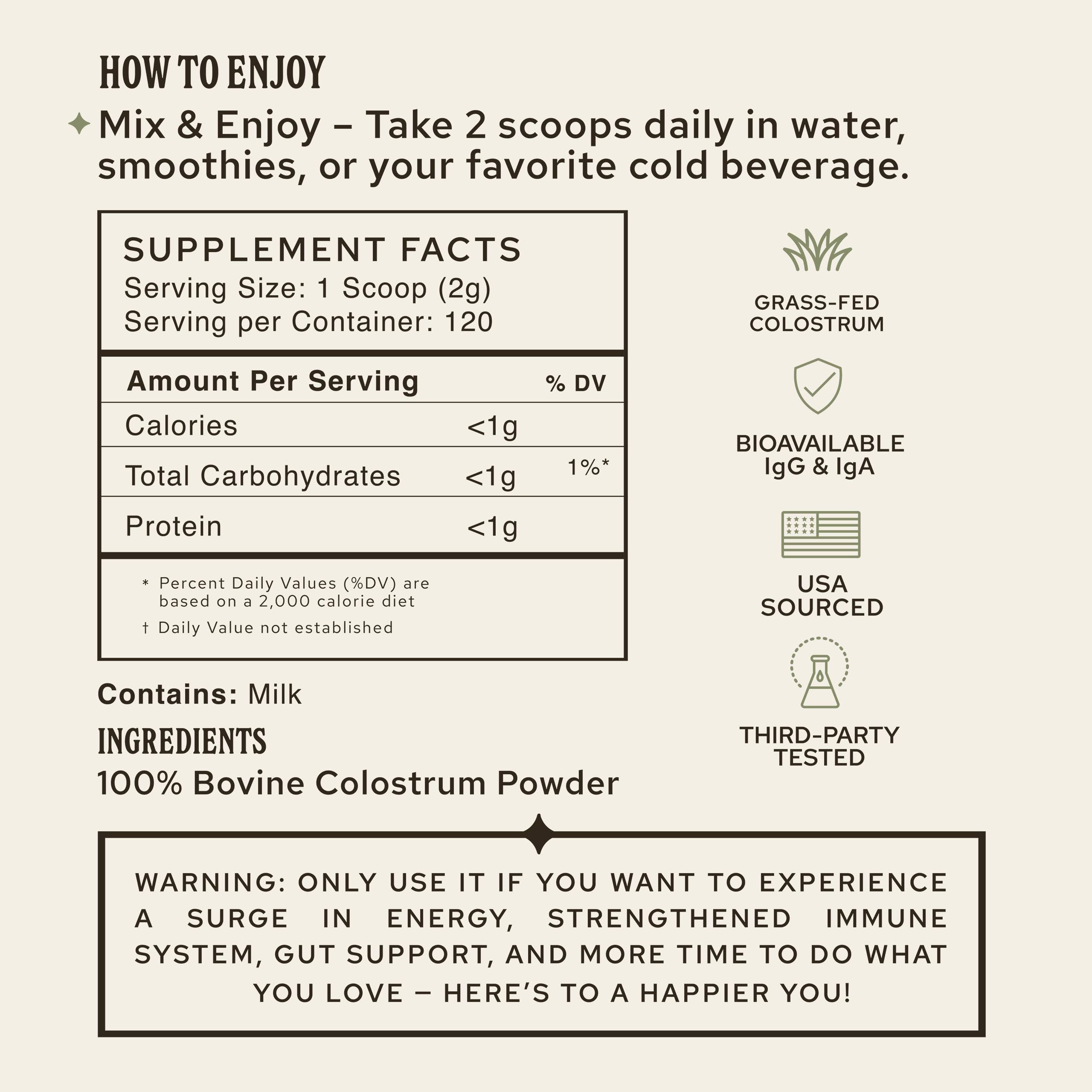 HONOR colostrum powder measuring scoop ready for daily shake mixes.