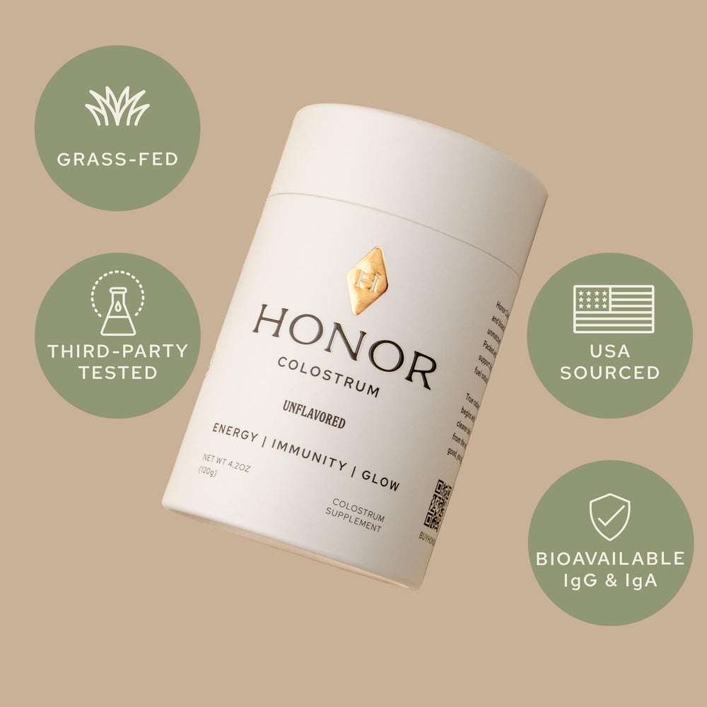 HONOR Colostrum Powder with grass-fed origin, clean and hormone-free formulation.