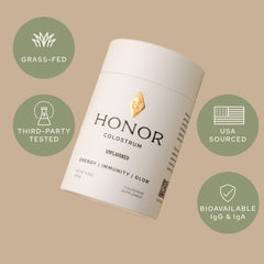 HONOR Colostrum Powder with grass-fed origin, clean and hormone-free formulation.