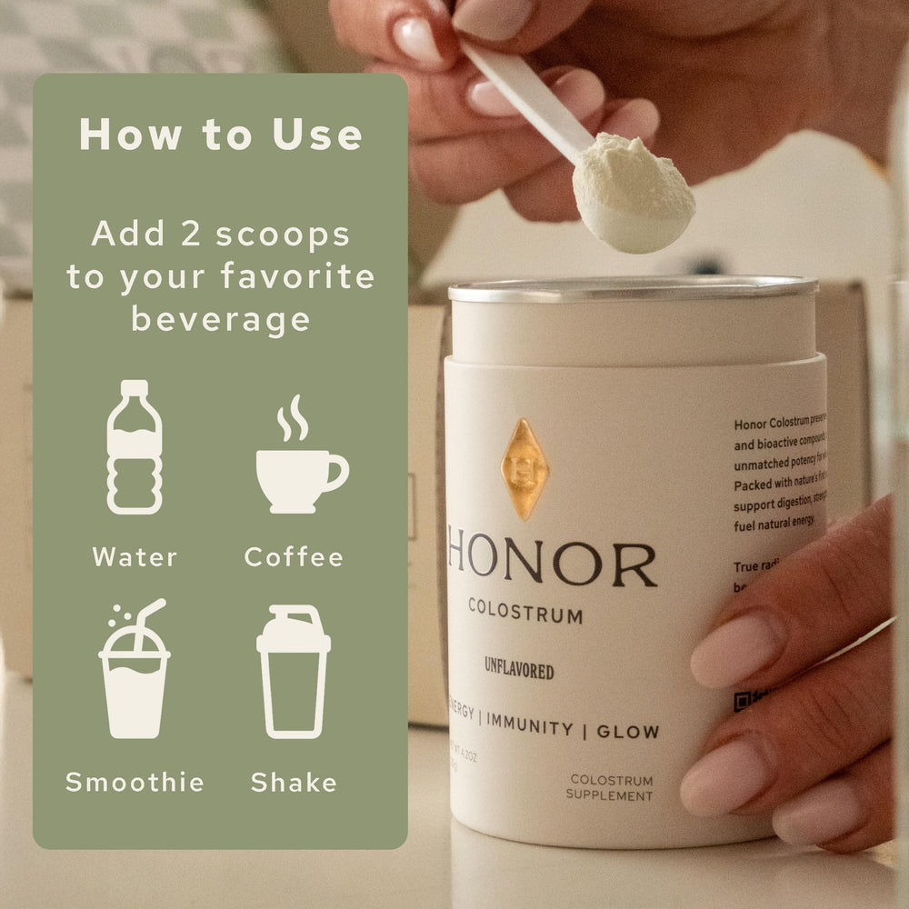 HONOR Supplements colostrum powder in a smoothie, versatile daily use for wellness routines.
