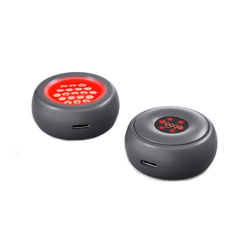 Hooga Dot red light therapy device on skin for easy at-home pain relief and recovery.