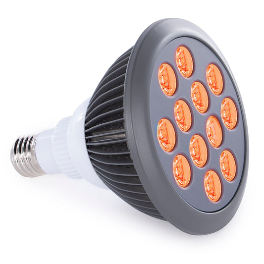 Hooga orange light therapy bulb glows warmly for at-home relaxation.
