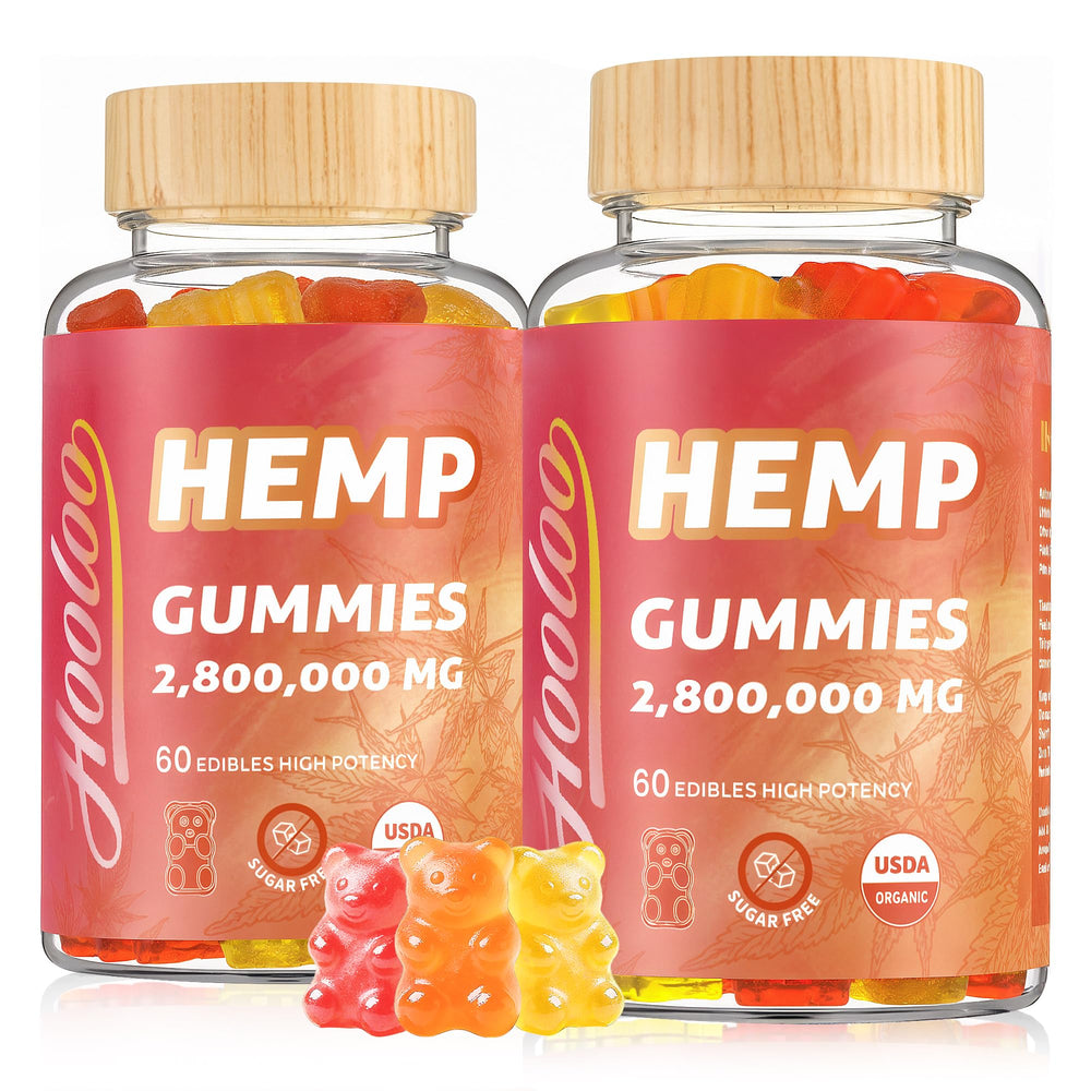 HOOLOO hemp gummies bottle front showing extra-strength formula for focus.