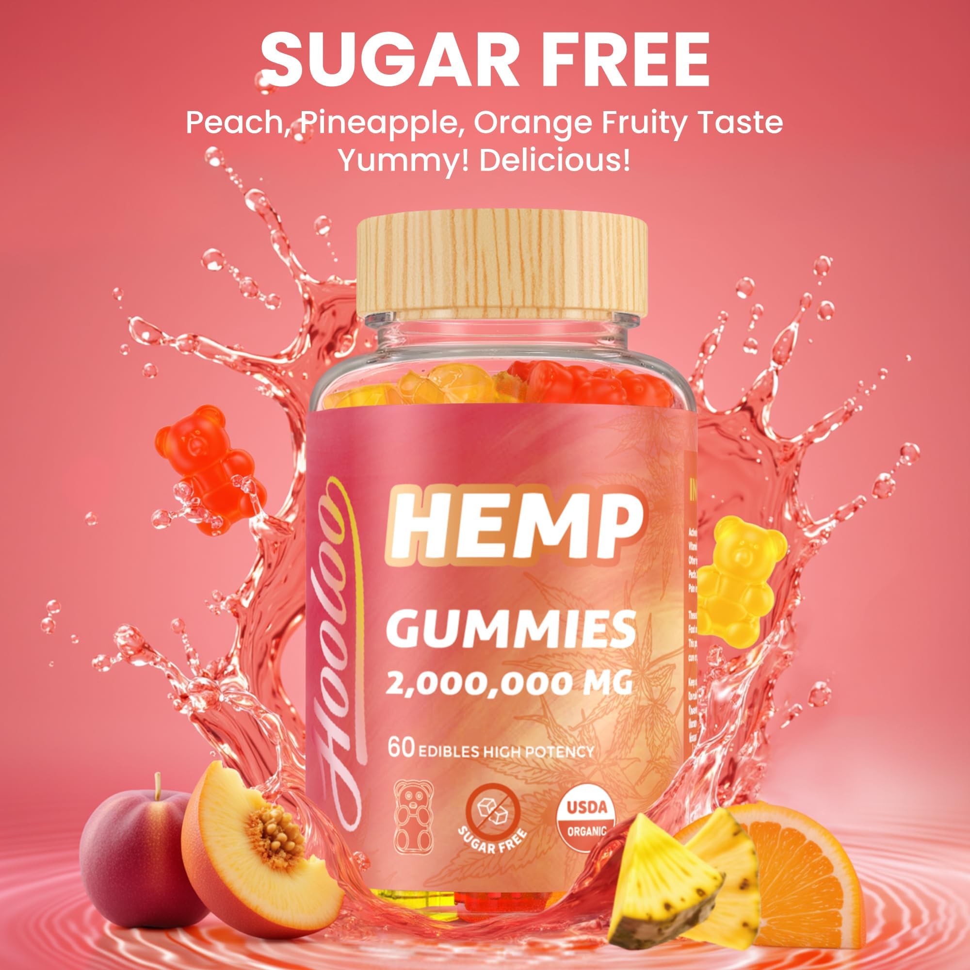 HOOLOO hemp gummies peach bottle, sugar-free wellness with bright flavor.