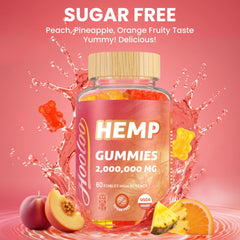 HOOLOO hemp gummies peach bottle, sugar-free wellness with bright flavor.