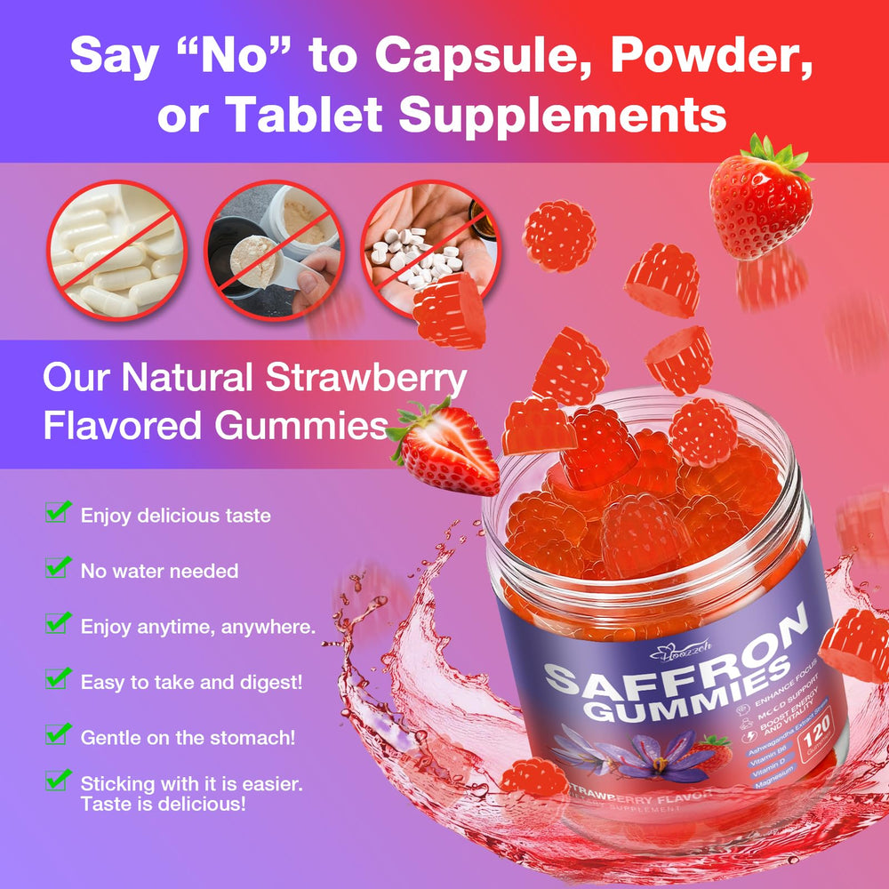Hoozzch saffron gummies on desk with laptop, suggesting daytime focus use