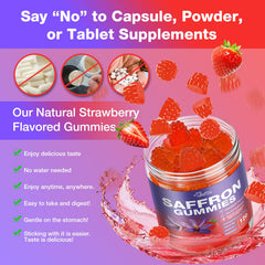 Hoozzch saffron gummies on desk with laptop, suggesting daytime focus use