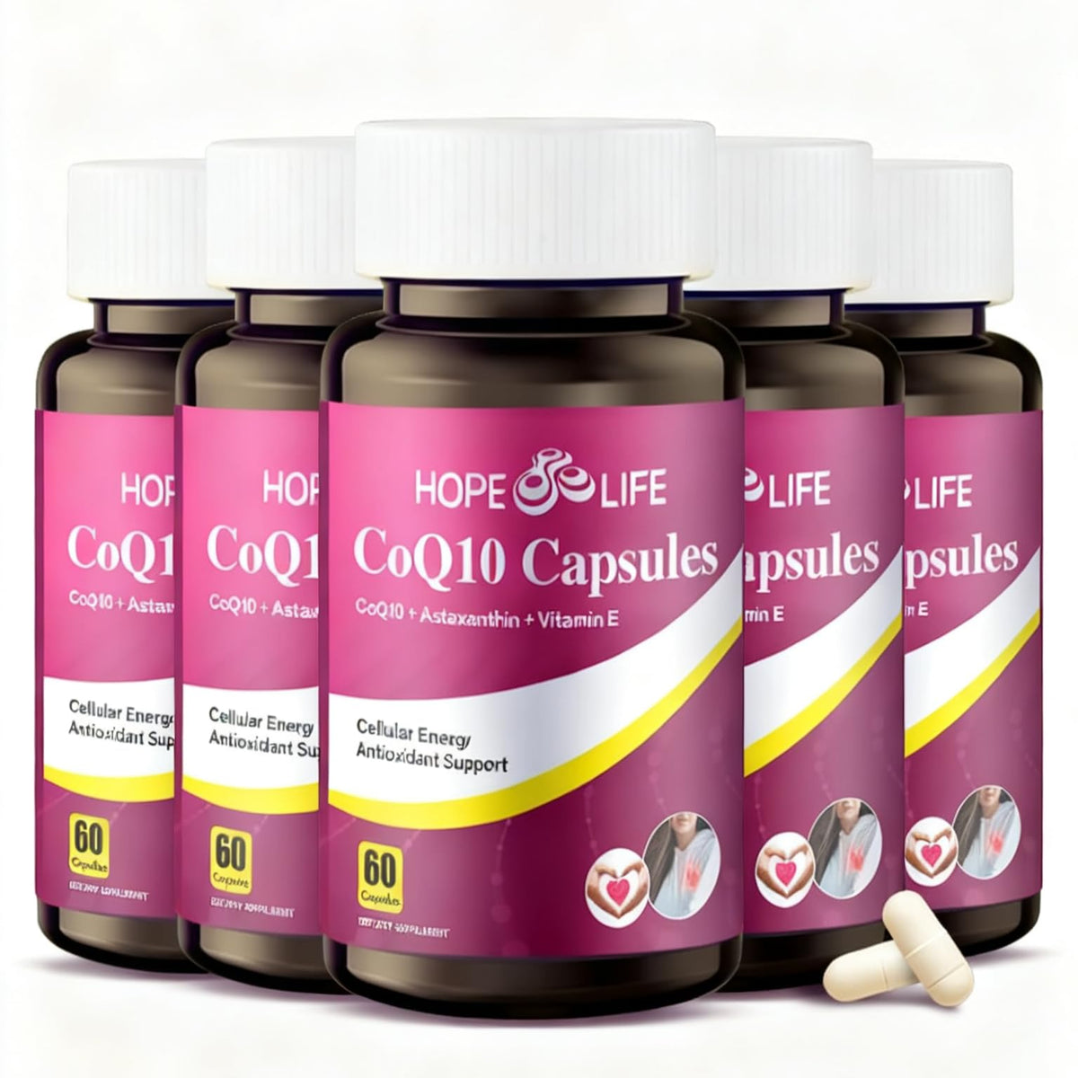 HOPE LIFE CoQ10 bottle with 300 capsules for daily use.
