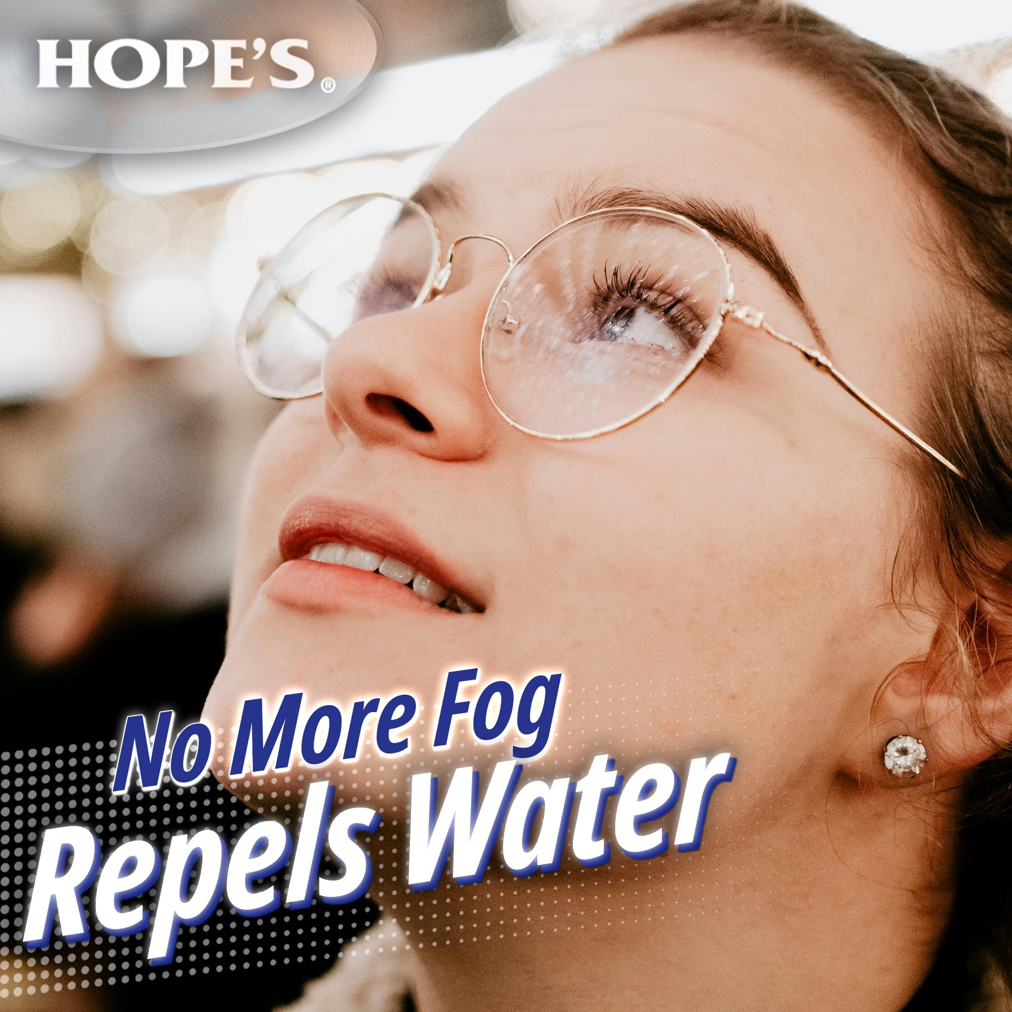 Close-up of HOPE'S cleaner spray showing anti-fog action on lenses.