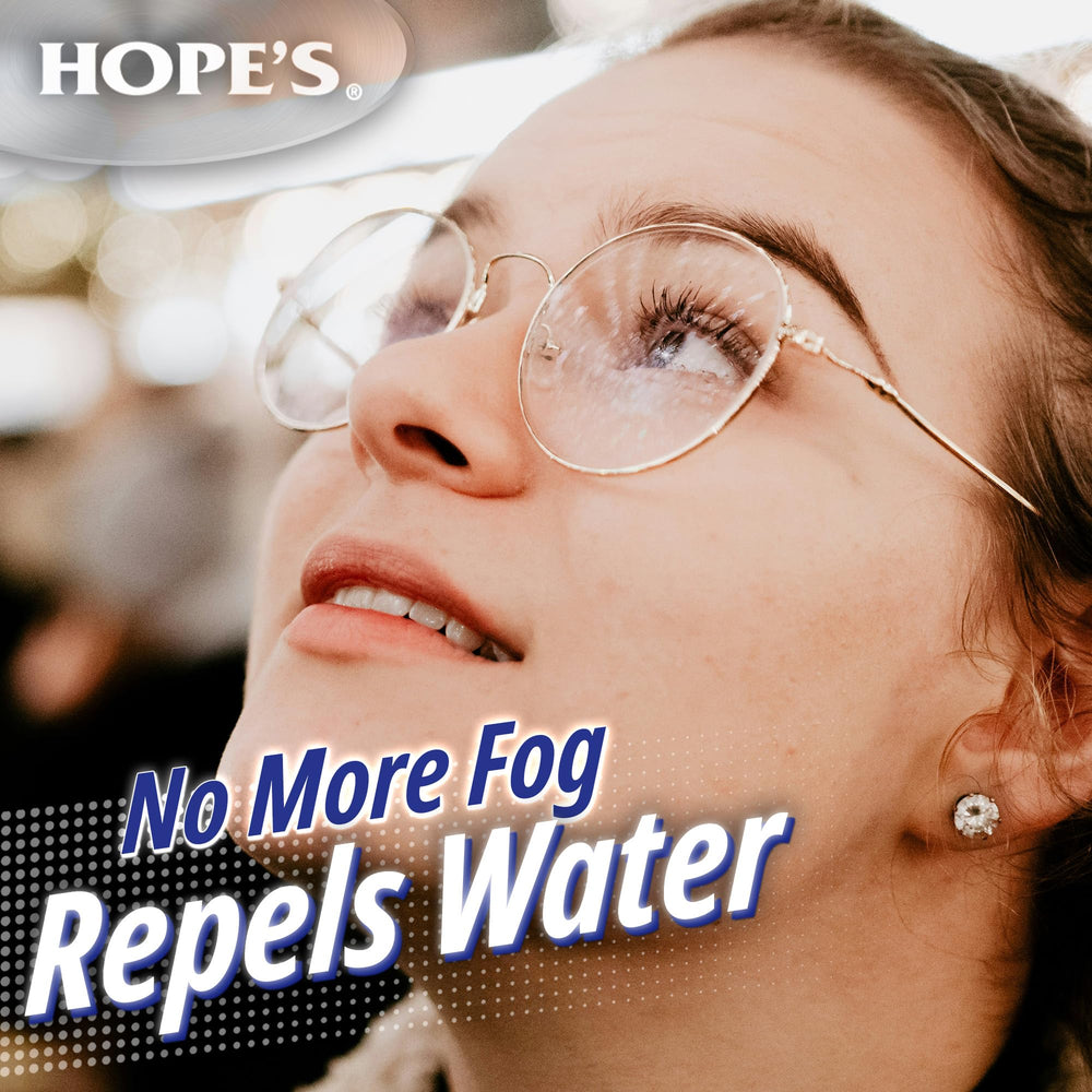 Close-up of HOPE'S cleaner spray showing anti-fog action on lenses.
