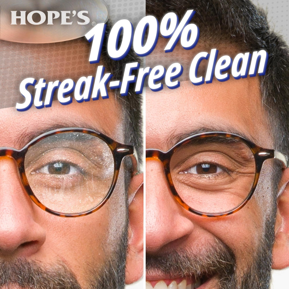 HOPE'S cleaner offers streak-free finish improving clarity on glasses.