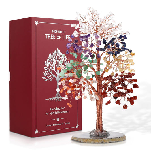 Hopeseed 7 Chakra Tree on agate base, grounding decor for living spaces.
