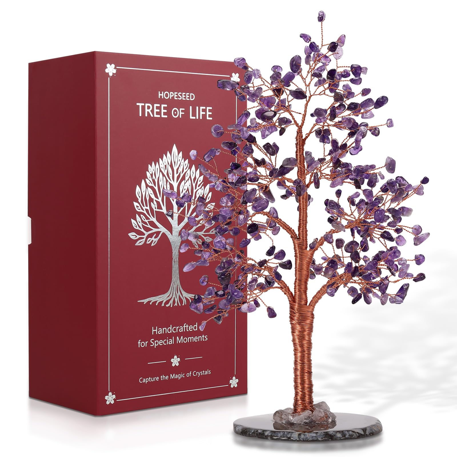 Hopeseed Amethyst Chakra Tree on a natural agate base for grounding decor.