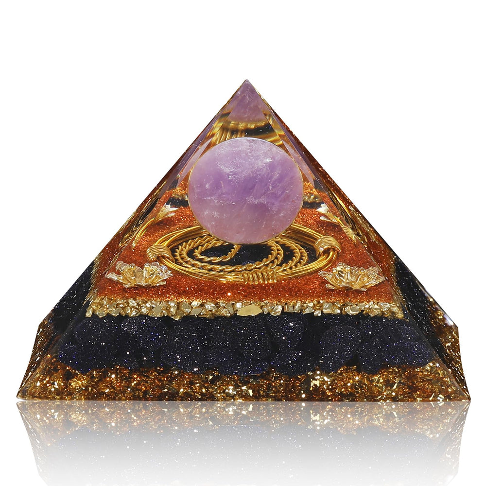 Hopeseed Orgone Pyramid with amethyst ball promotes calm energy during meditation