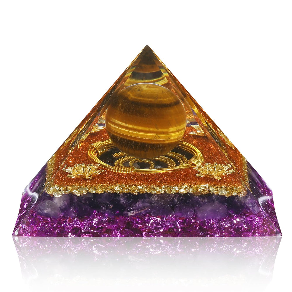 Hopeseed Orgone Pyramid with amethyst and tiger's eye for calm meditation and focus