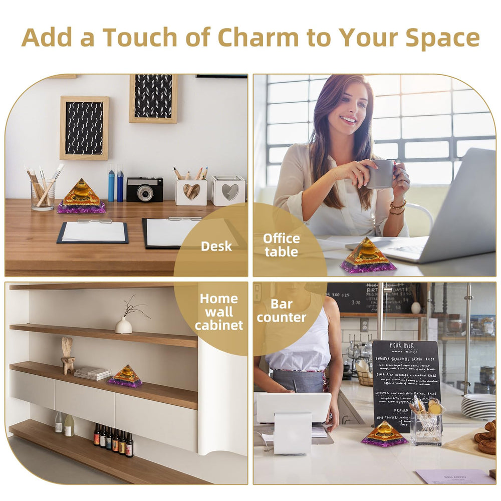 Hopeseed Orgone Pyramid on desk or shelf creates serene focal point