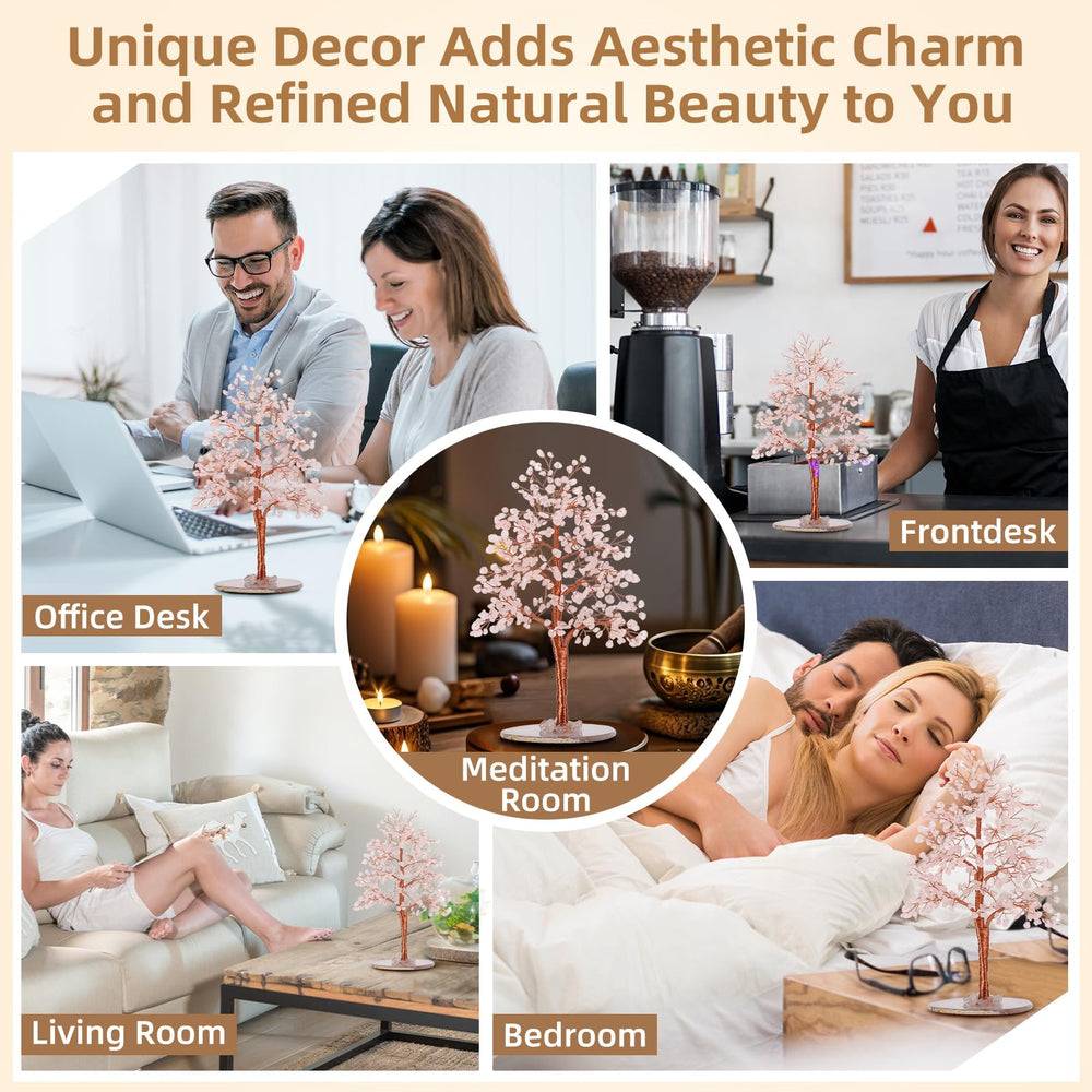 Hopeseed rose quartz chakra tree stands about 10 inches tall for versatile placement.