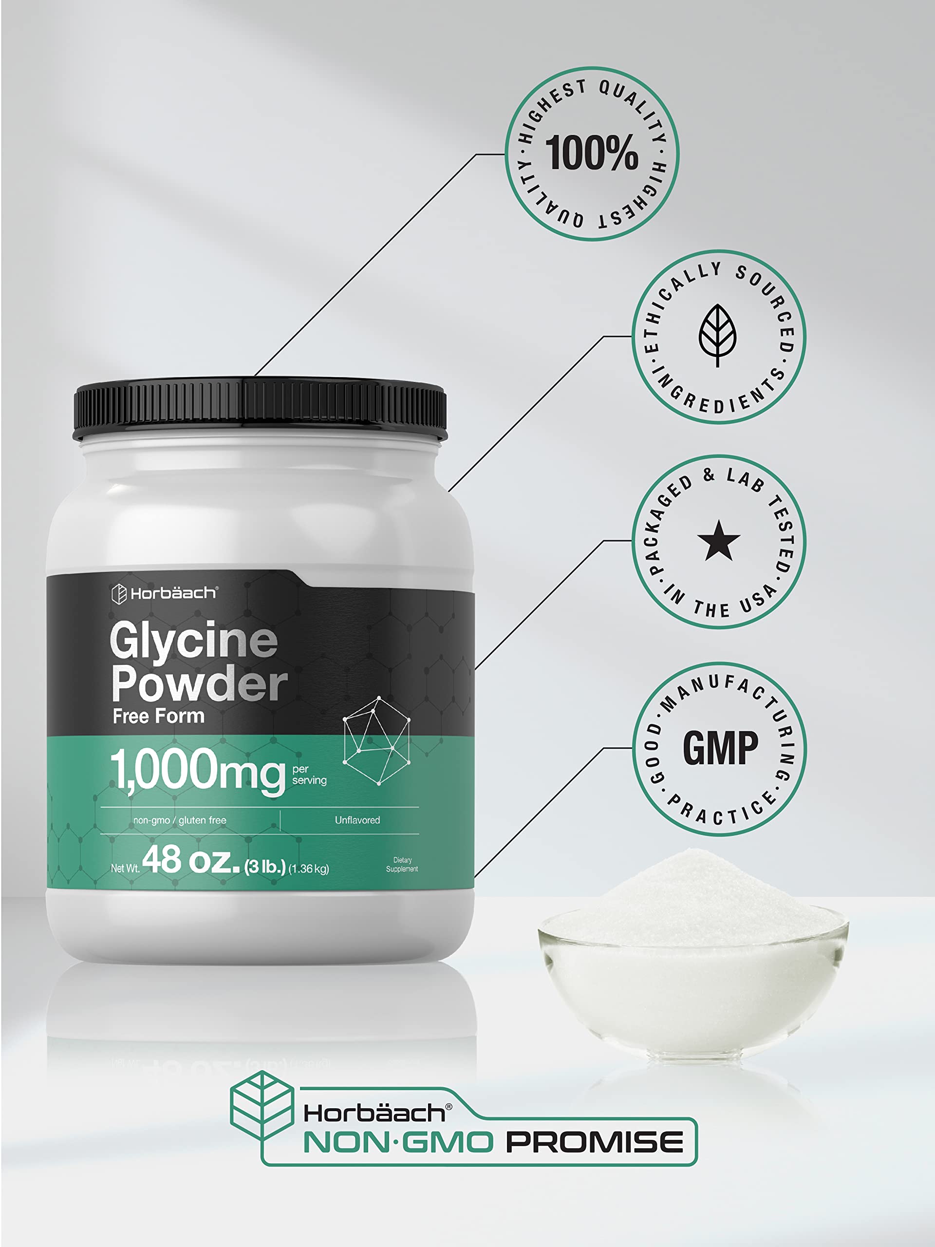 Gluten-free label on Horbäach glycine powder for allergen-friendly use.