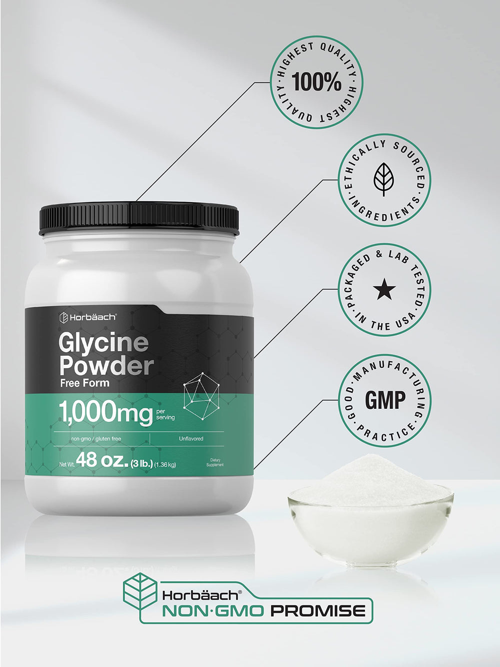 Gluten-free label on Horbäach glycine powder for allergen-friendly use.