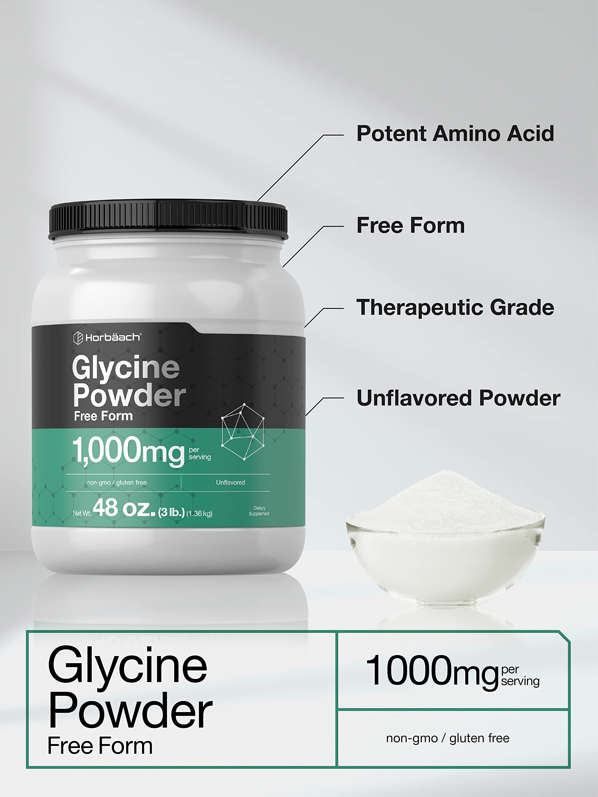 Horbäach glycine powder ingredients label highlighting vegetarian and gluten-free features.
