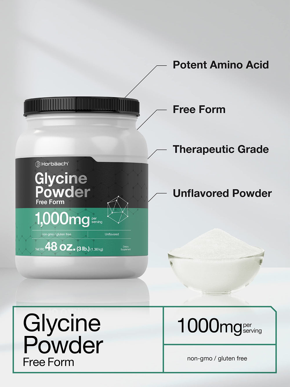 Horbäach glycine powder ingredients label highlighting vegetarian and gluten-free features.