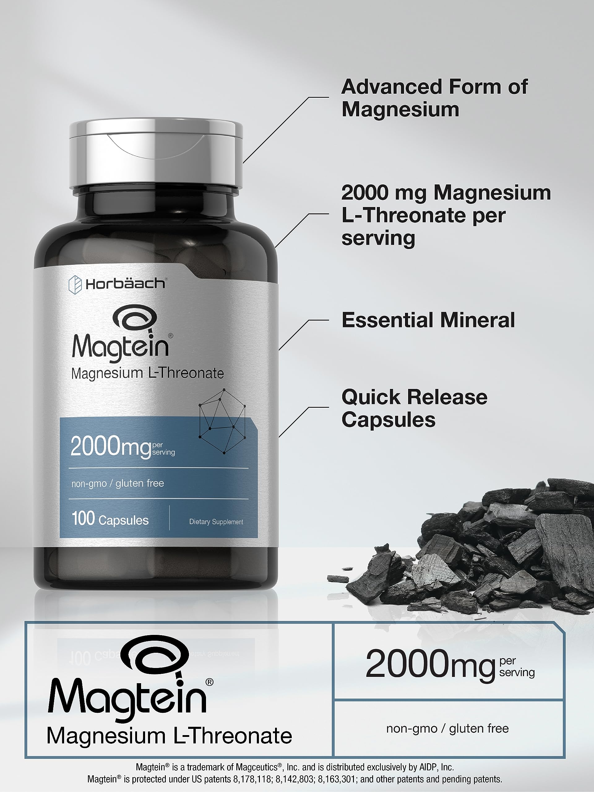 Horbäach Magtein bottle back label shows gluten-free and non-GMO status