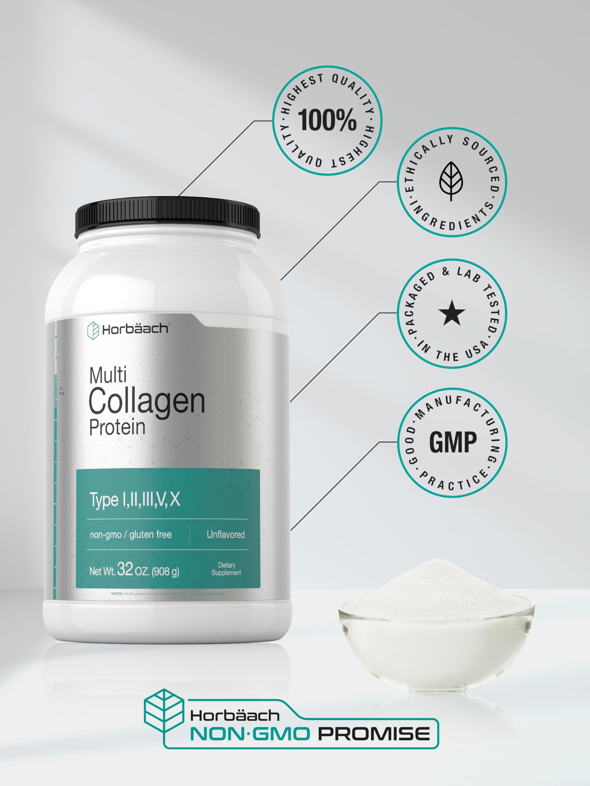 Horbaach Multi Collagen powder gluten-free formula suitable for sensitive diets.