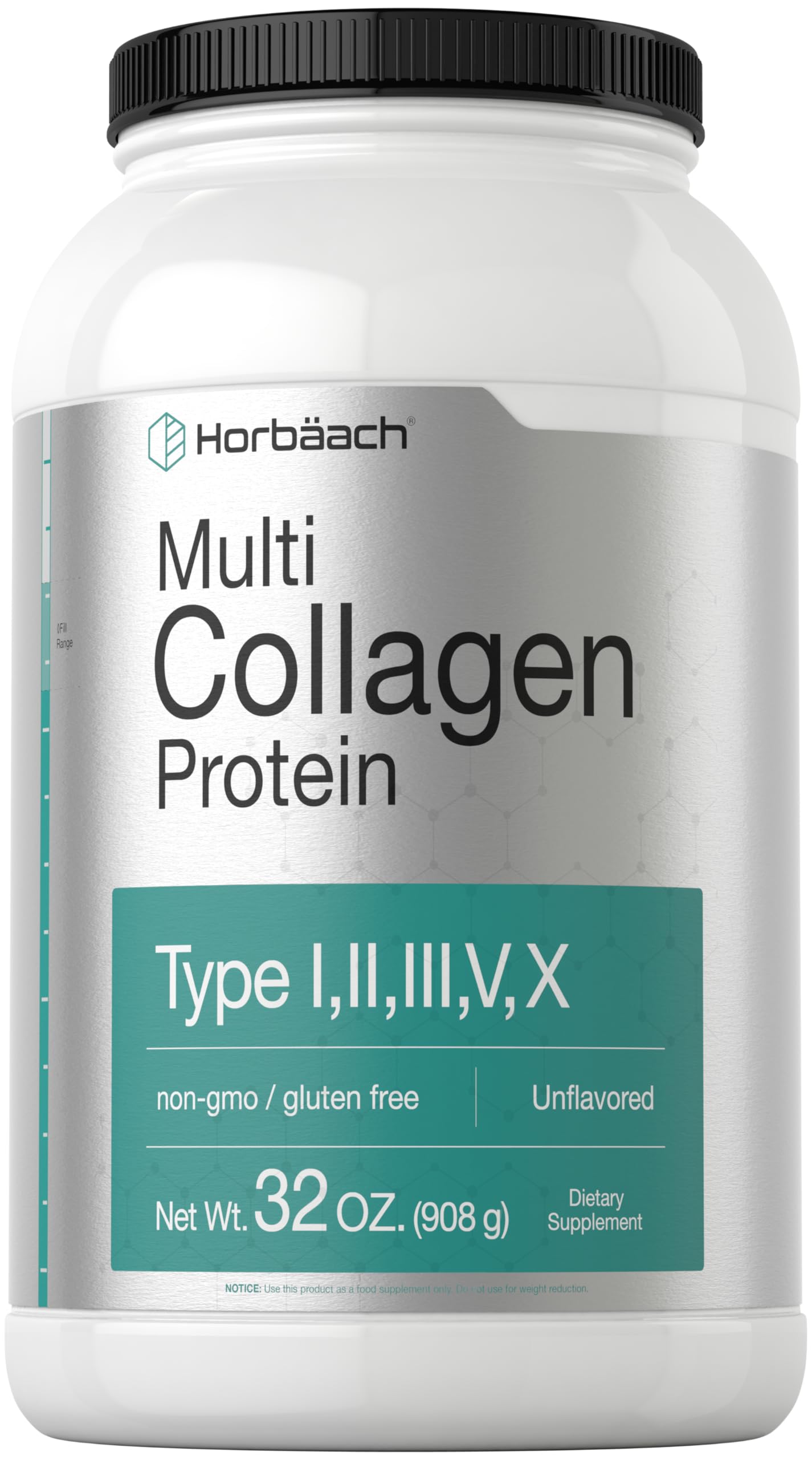 Horbaach Multi Collagen powder tub front view, unflavored and gluten-free for versatile use.