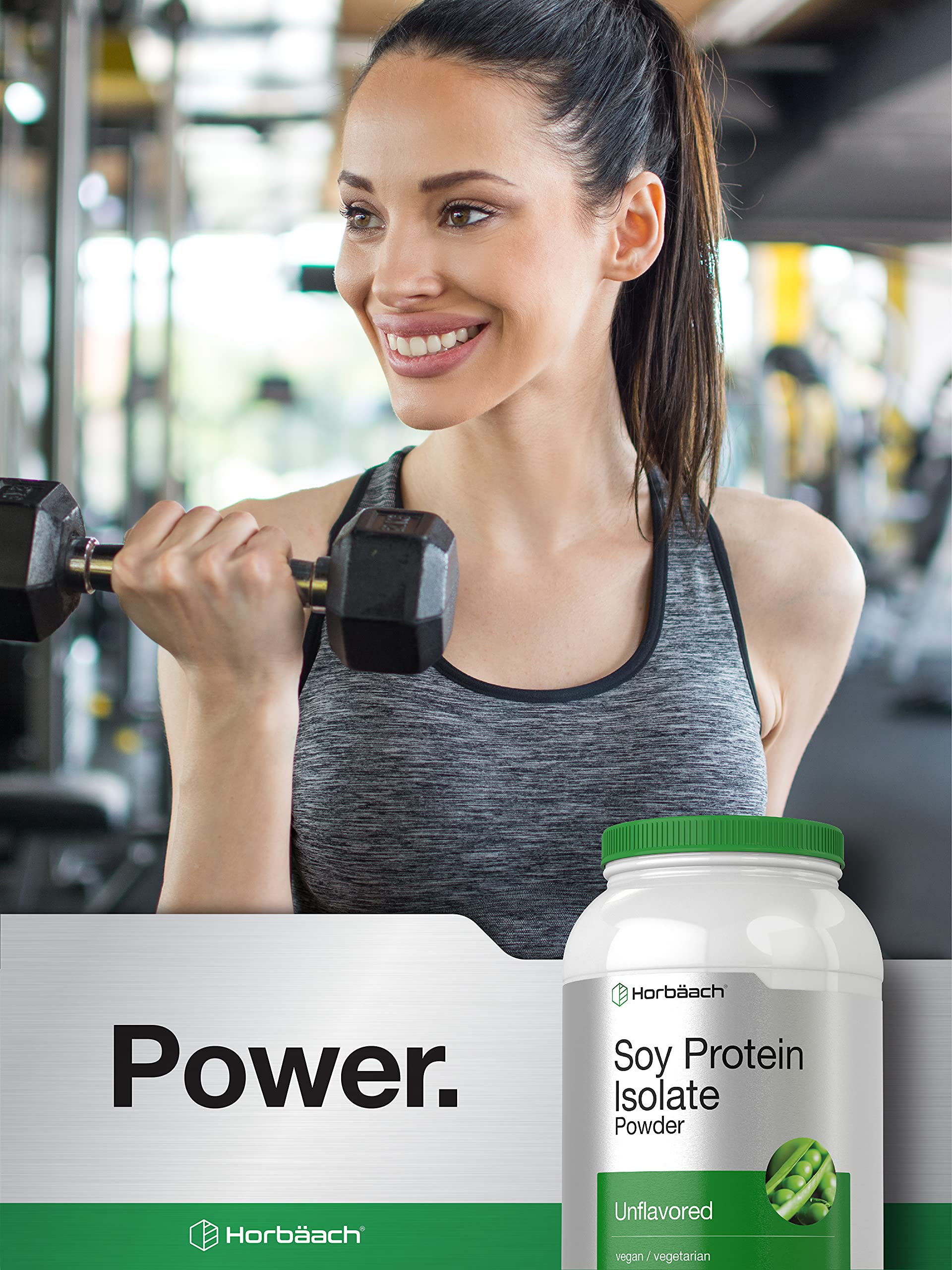 Nutrition label close-up of Horbaach Soy Protein Isolate, non-GMO and gluten-free.