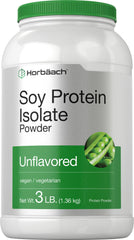 Horbaach Soy Protein Isolate Powder bottle with label, ideal for shakes.
