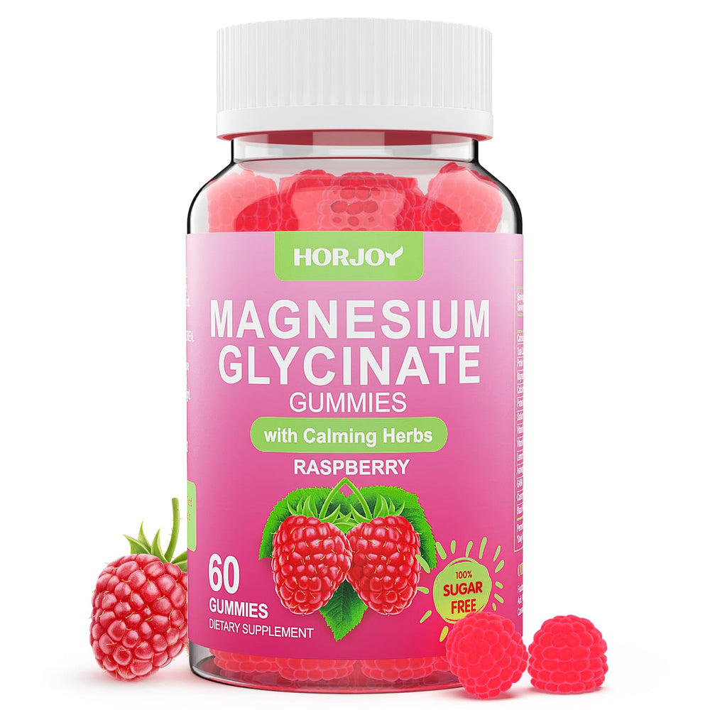 Horjoy Magnesium Glycinate Gummies Raspberry bottle showing calm sleep support