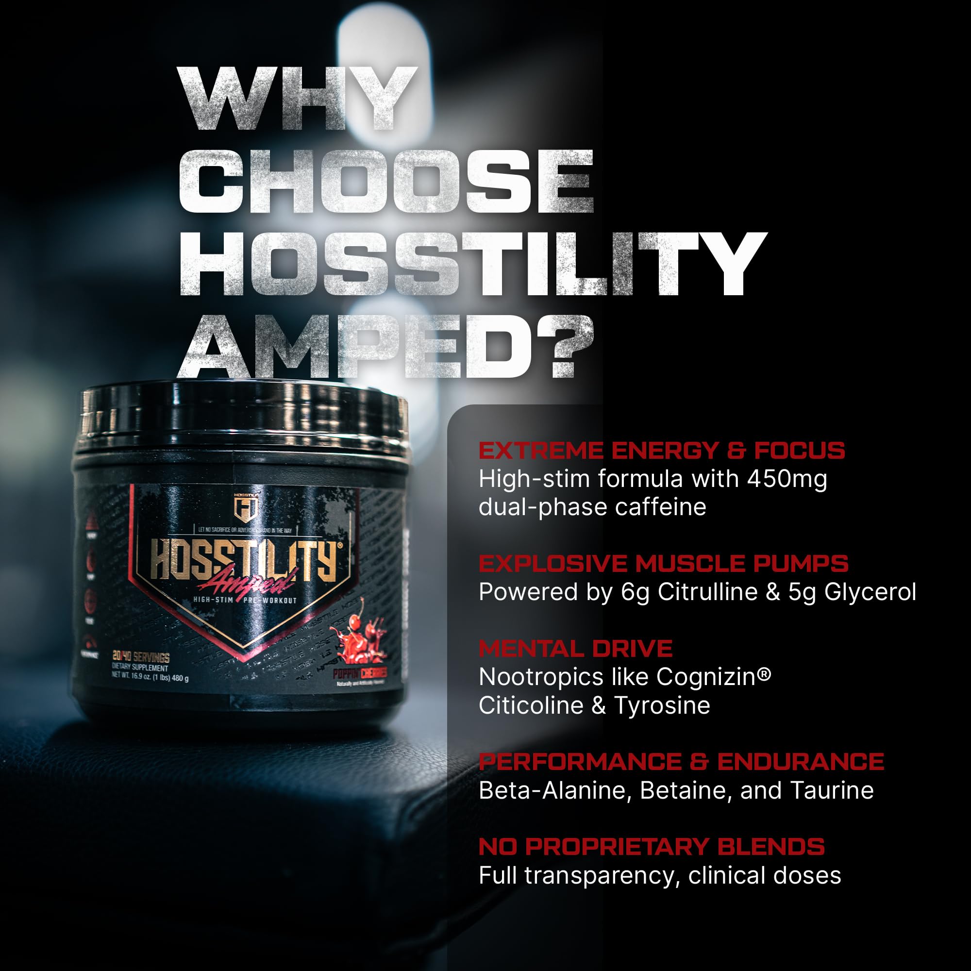 HOSSTILE Amped 450mg caffeine highlights sustained energy during training
