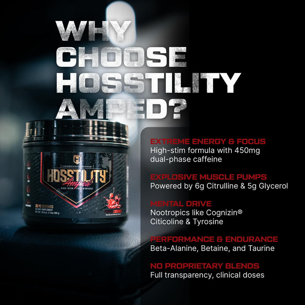 HOSSTILE Amped 450mg caffeine highlights sustained energy during training