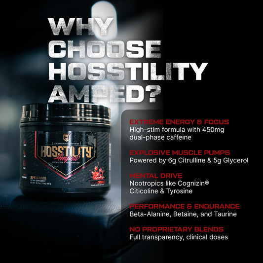 HOSSTILE Amped 450mg caffeine highlights sustained energy during training