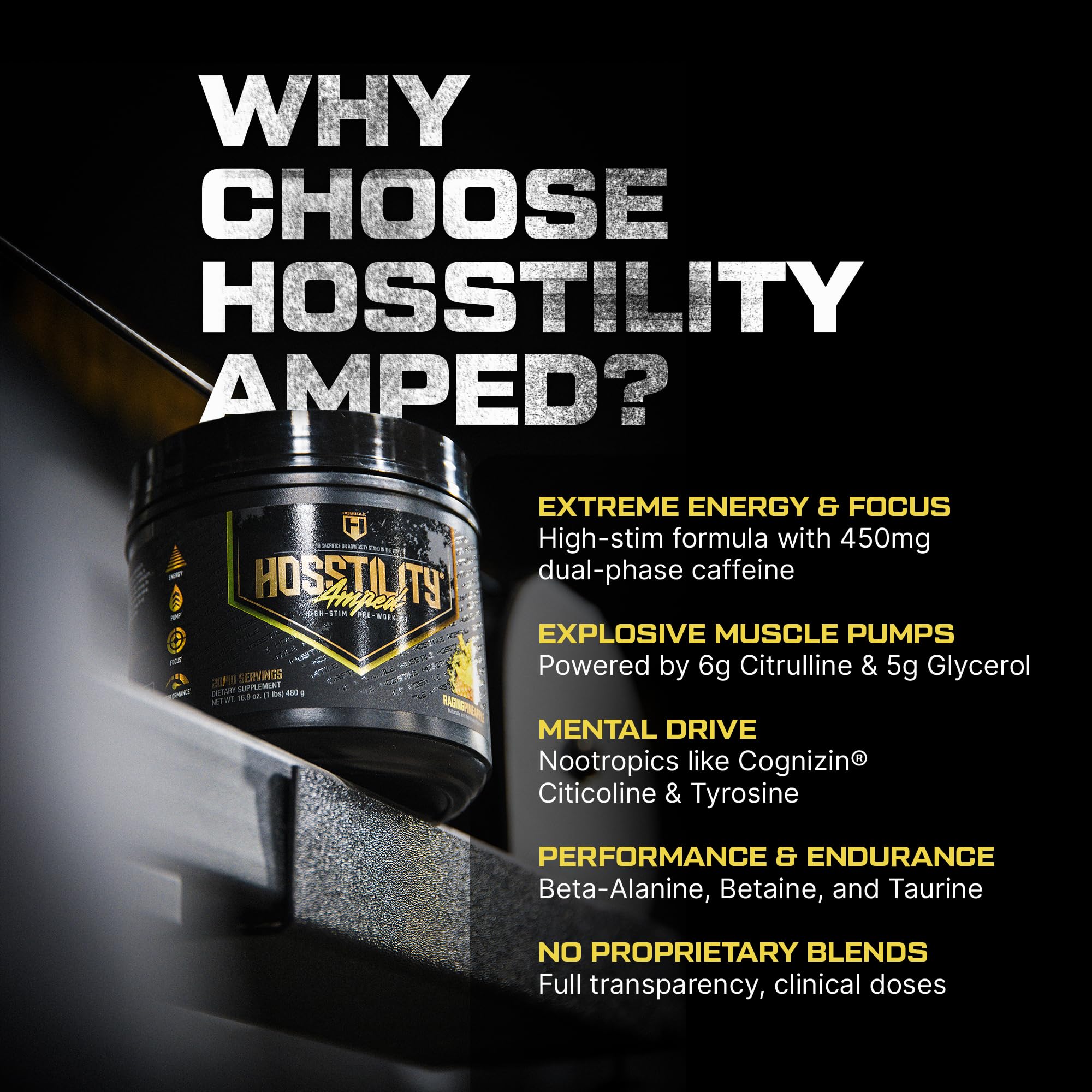 HOSSTILE Amped bottle angled to highlight packaging and focus features