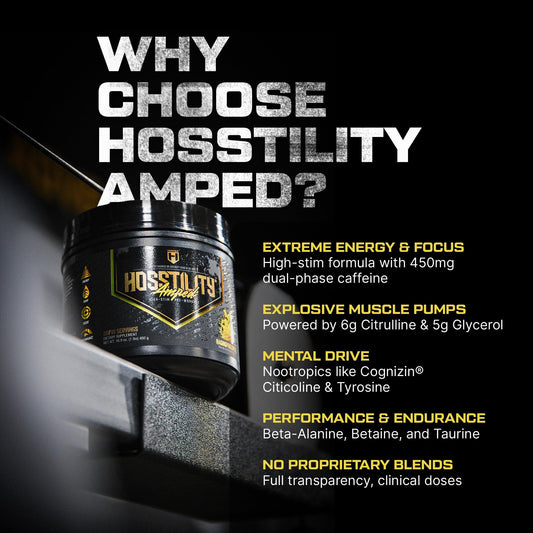 HOSSTILE Amped bottle angled to highlight packaging and focus features
