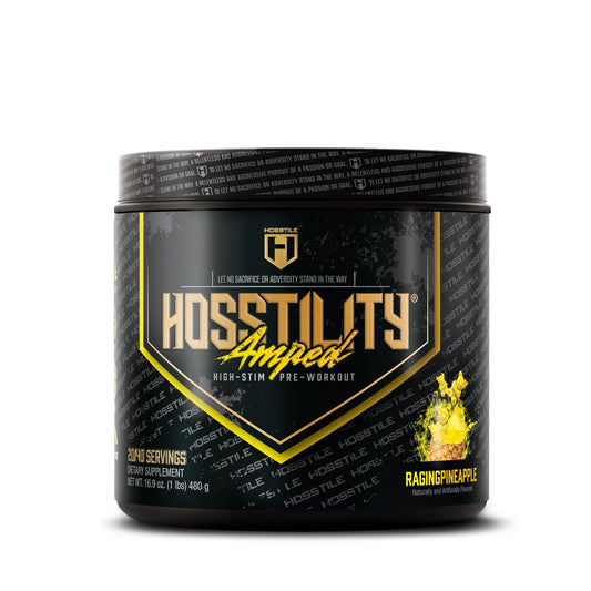 HOSSTILE Amped bottle front showing high-stim energy for intense sessions