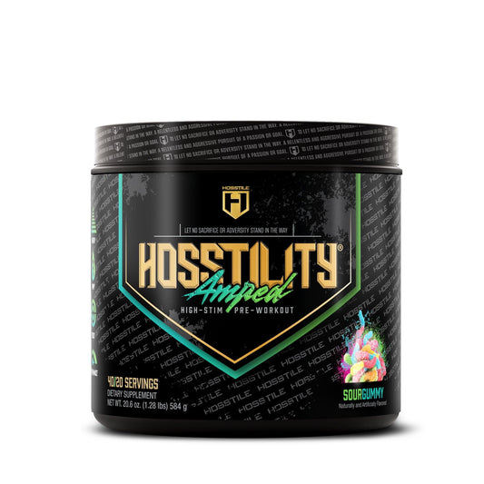 HOSSTILE Amped front can, high-stim pre-workout for intense training sessions.