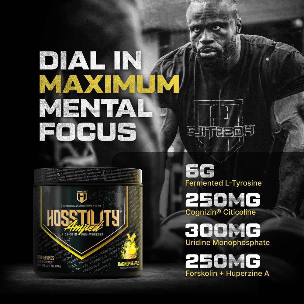 HOSSTILE Amped ingredient label emphasizes nootropic blend for mental drive