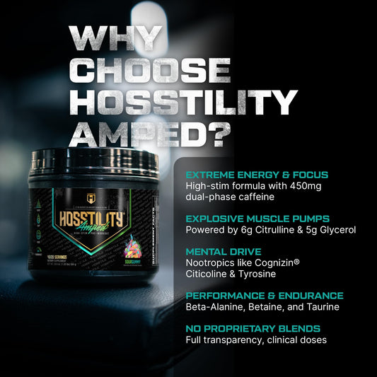 Two-scoop serving of HOSSTILE Amped showing energy and focus dose.