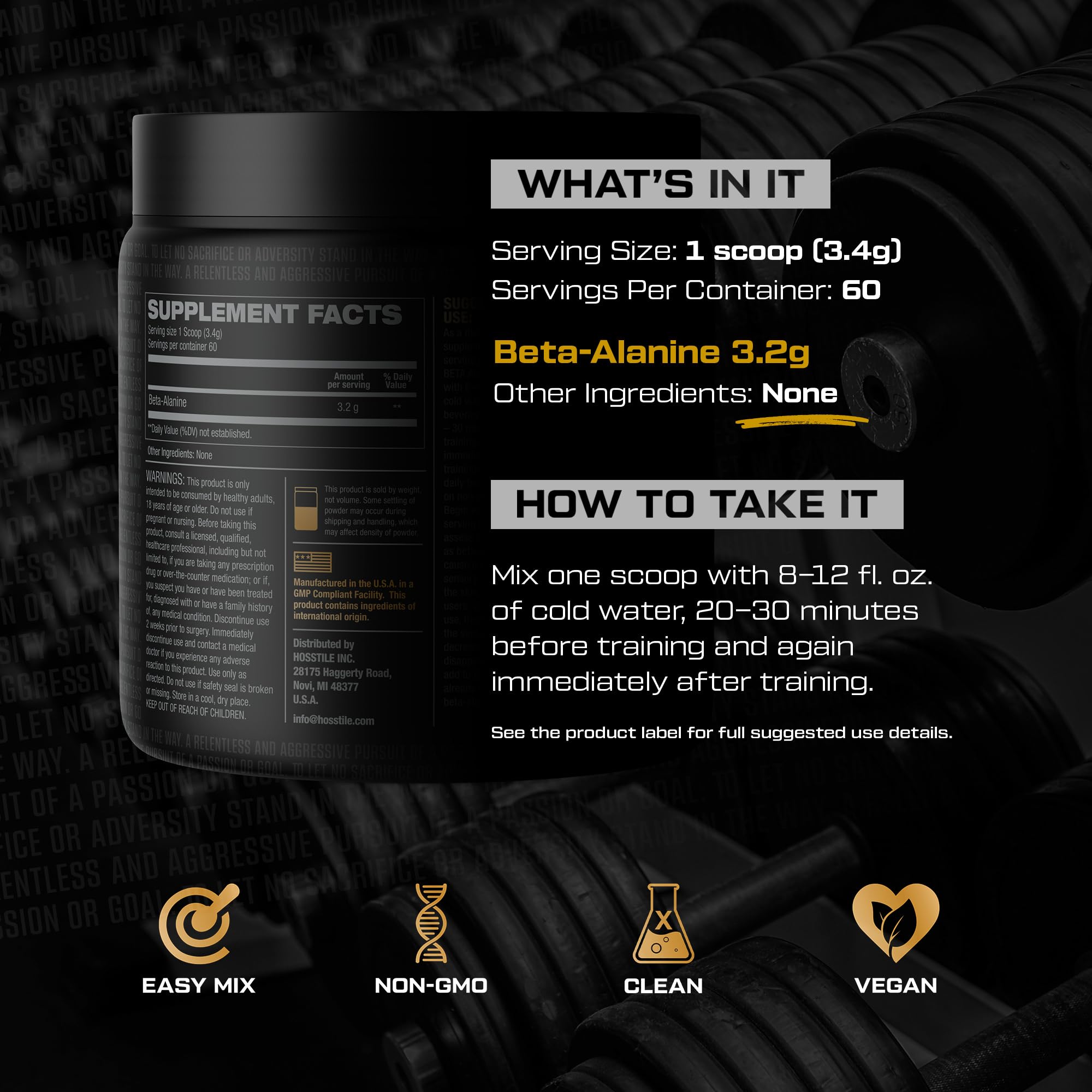 HOSSTILE Beta-Alanine powder label highlights a clean, non-GMO formula.